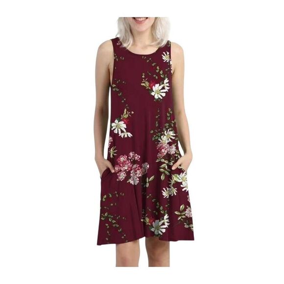 Burgundy NEW! Beach Casual Sleeveless Floral Print Tank Loose Sundress Pockets - Picture 2 of 9